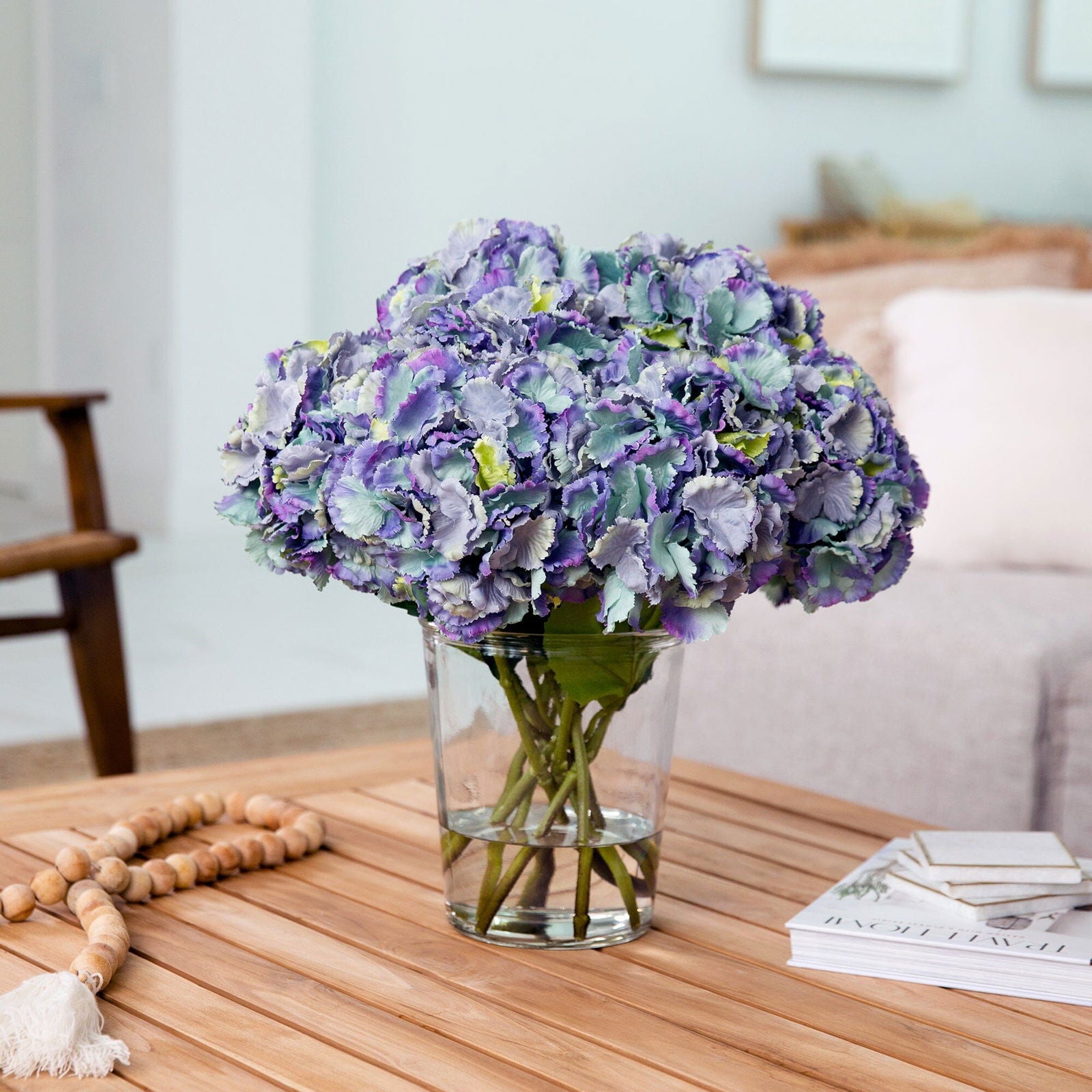 Signature Collection 18” Blooming Hydrangea Artificial Arrangement in Glass Vase - Rivour Home