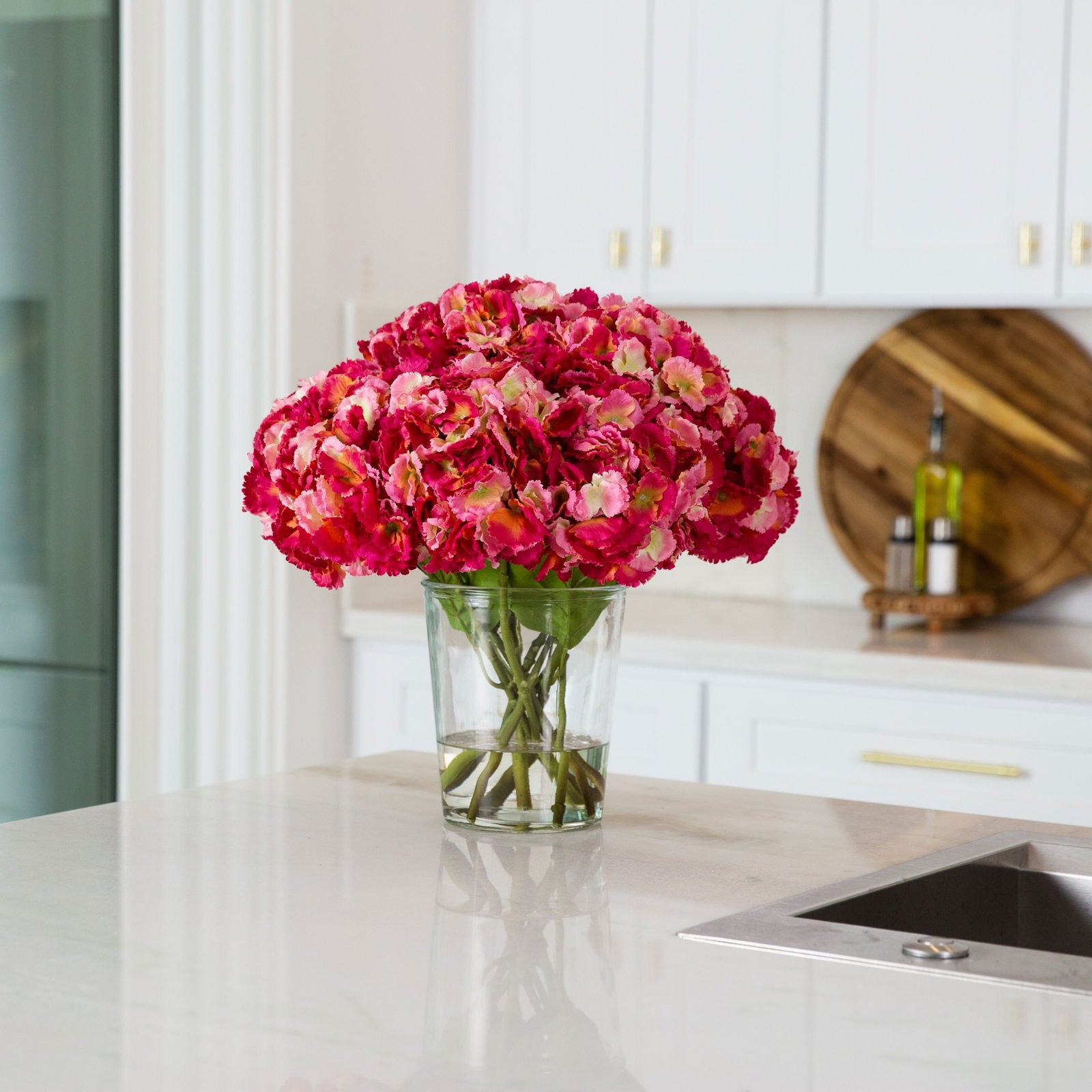Signature Collection 18” Blooming Hydrangea Artificial Arrangement in Glass Vase - Rivour Home