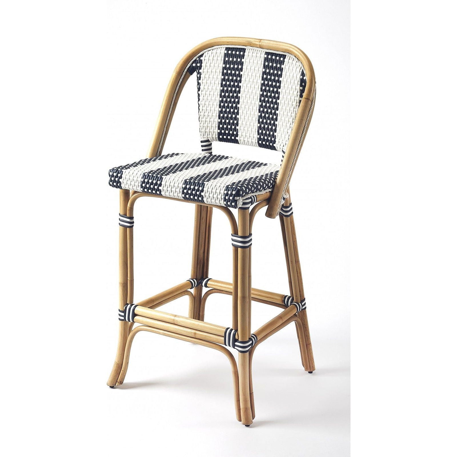 Vargas Hand-Woven Rattan Bar Stool with Blue and White Stripes - Rivour Home