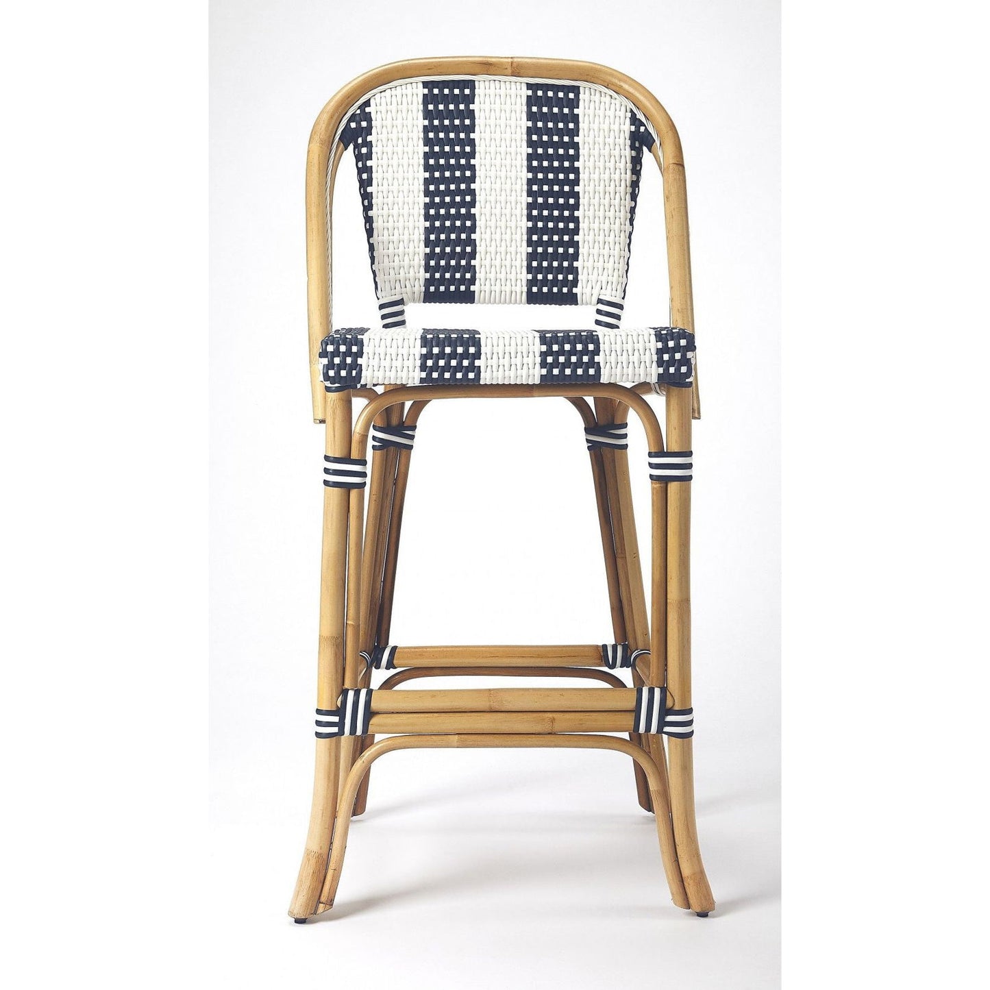 Vargas Hand-Woven Rattan Bar Stool with Blue and White Stripes - Rivour Home