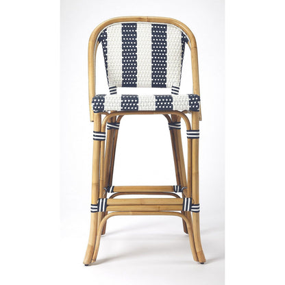 Vargas Hand-Woven Rattan Bar Stool with Blue and White Stripes - Rivour Home