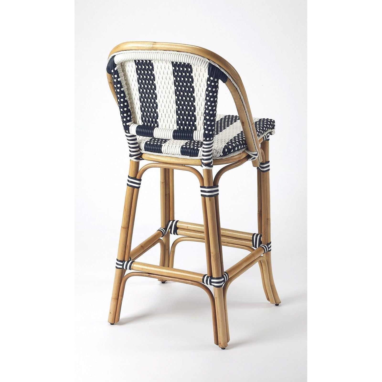 Vargas Hand-Woven Rattan Bar Stool with Blue and White Stripes - Rivour Home