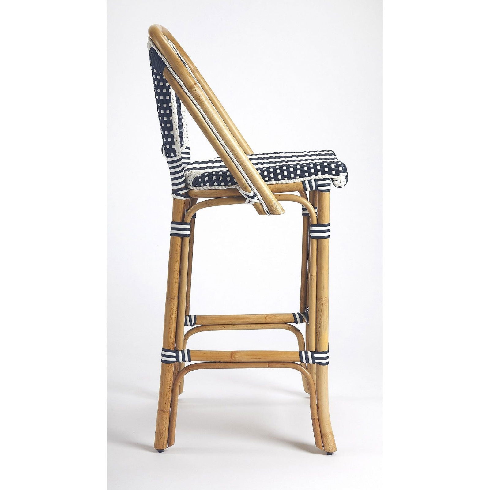Vargas Hand-Woven Rattan Bar Stool with Blue and White Stripes - Rivour Home