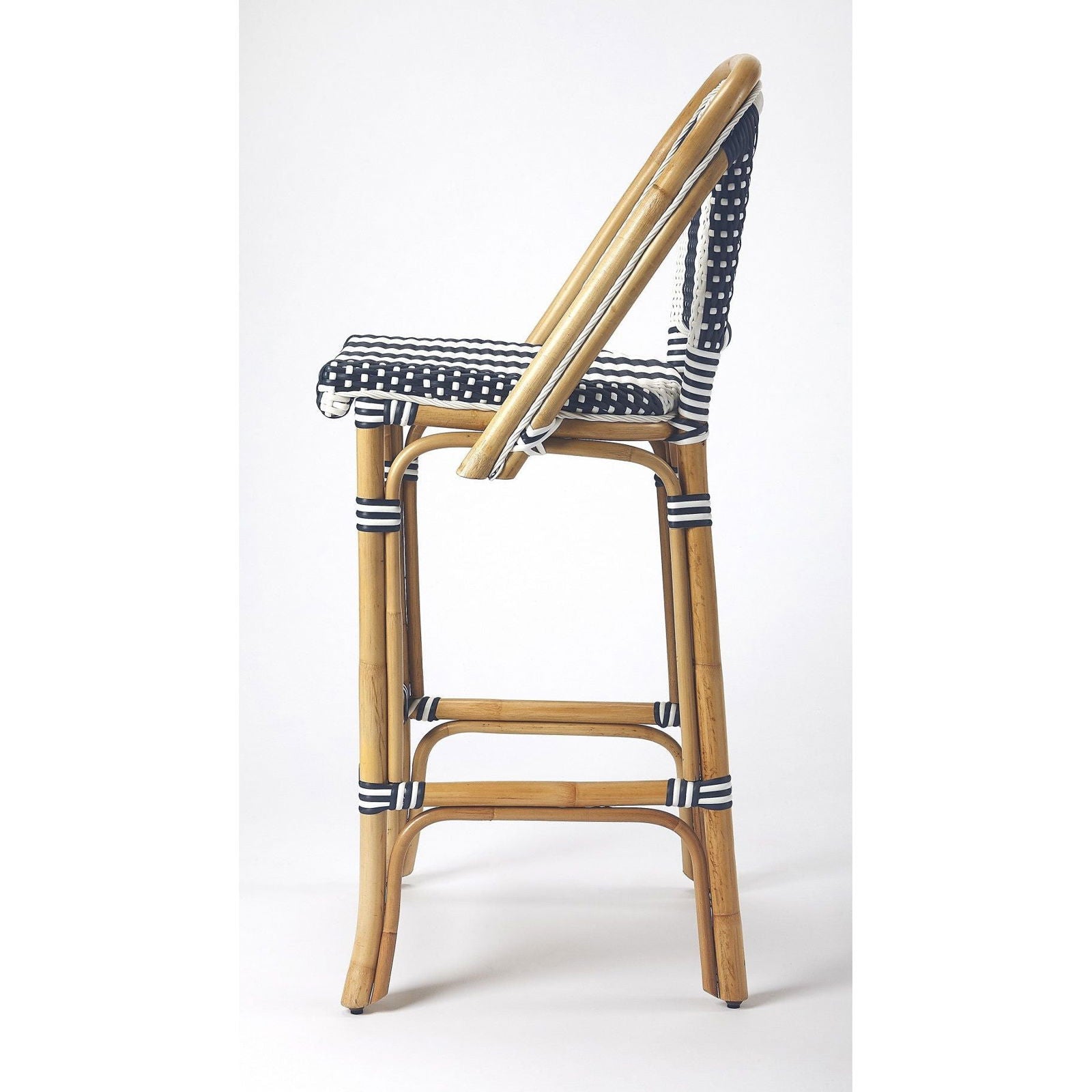 Vargas Hand-Woven Rattan Bar Stool with Blue and White Stripes - Rivour Home