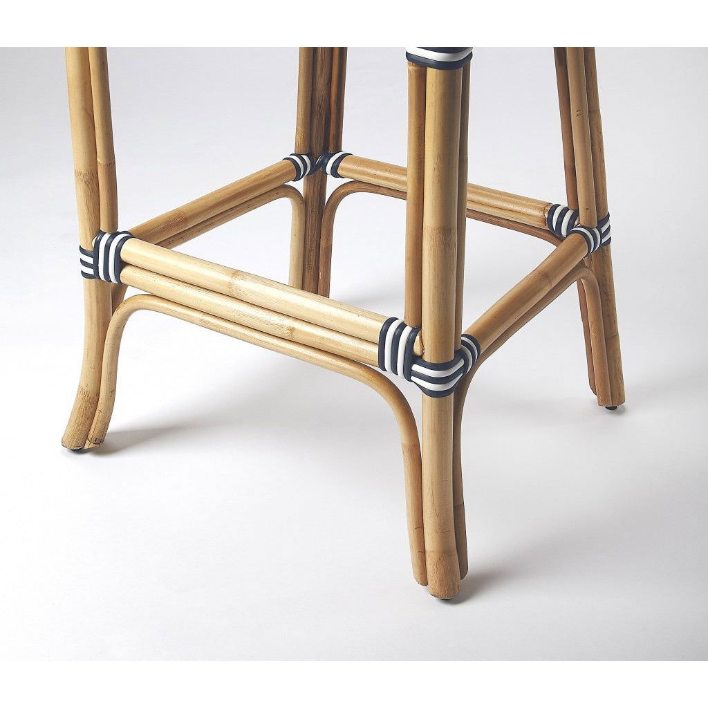 Vargas Hand-Woven Rattan Bar Stool with Blue and White Stripes - Rivour Home