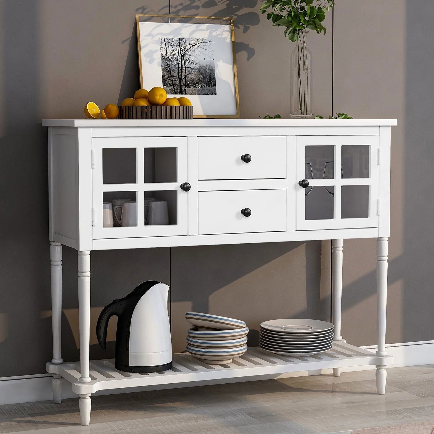 Vintage Wood and Glass Sideboard Console with Rattan Storage - Rivour Home