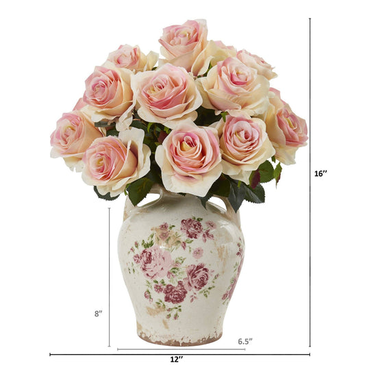 16” Rose Artificial Arrangement in Flower Print Jar