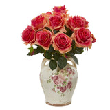 16” Rose Artificial Arrangement in Flower Print Jar