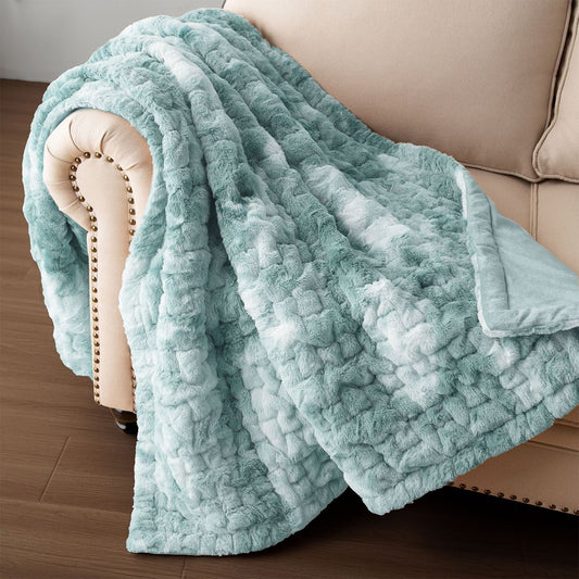 Teal Ruched Faux Fur Throw