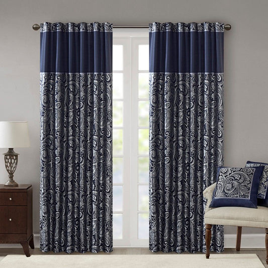 Aubrey Jacquard Curtain Panel Pair in Navy 50x108"