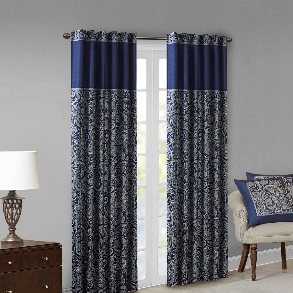 Aubrey Jacquard Curtain Panel Pair in Navy 50x108"