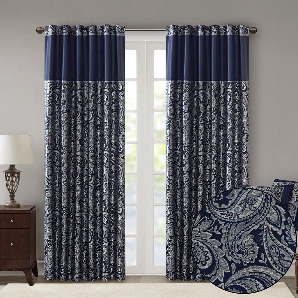 Aubrey Jacquard Curtain Panel Pair in Navy 50x108"