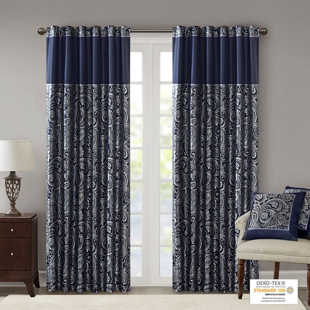 Aubrey Jacquard Curtain Panel Pair in Navy 50x108"