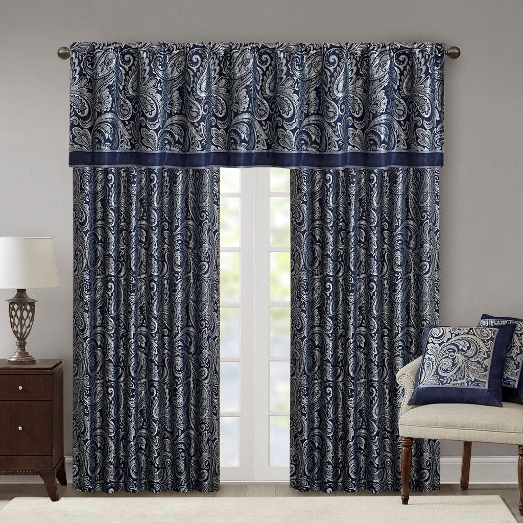 Aubrey Jacquard Curtain Panel Pair in Navy 50x108"