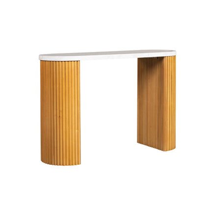 Layana Faux White Marble Console Table with Reeded Wooden Pillar Legs