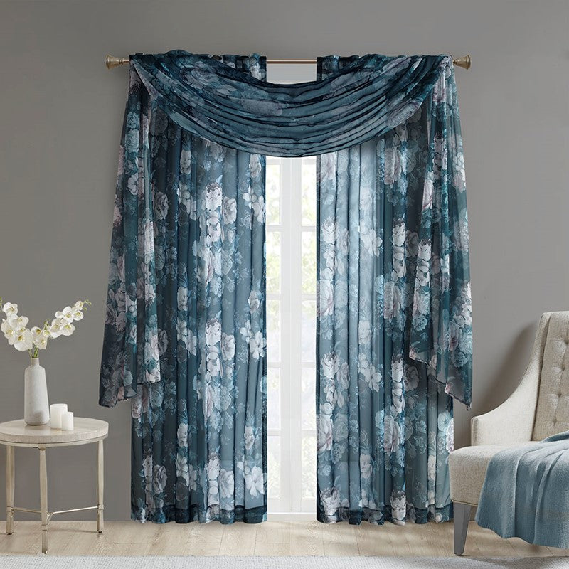 Simone Printed Floral Rod Pocket and Back Tab Voile Sheer Curtain