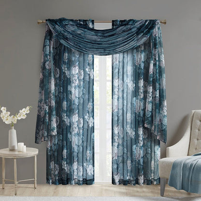 Simone Printed Floral Rod Pocket and Back Tab Voile Sheer Curtain